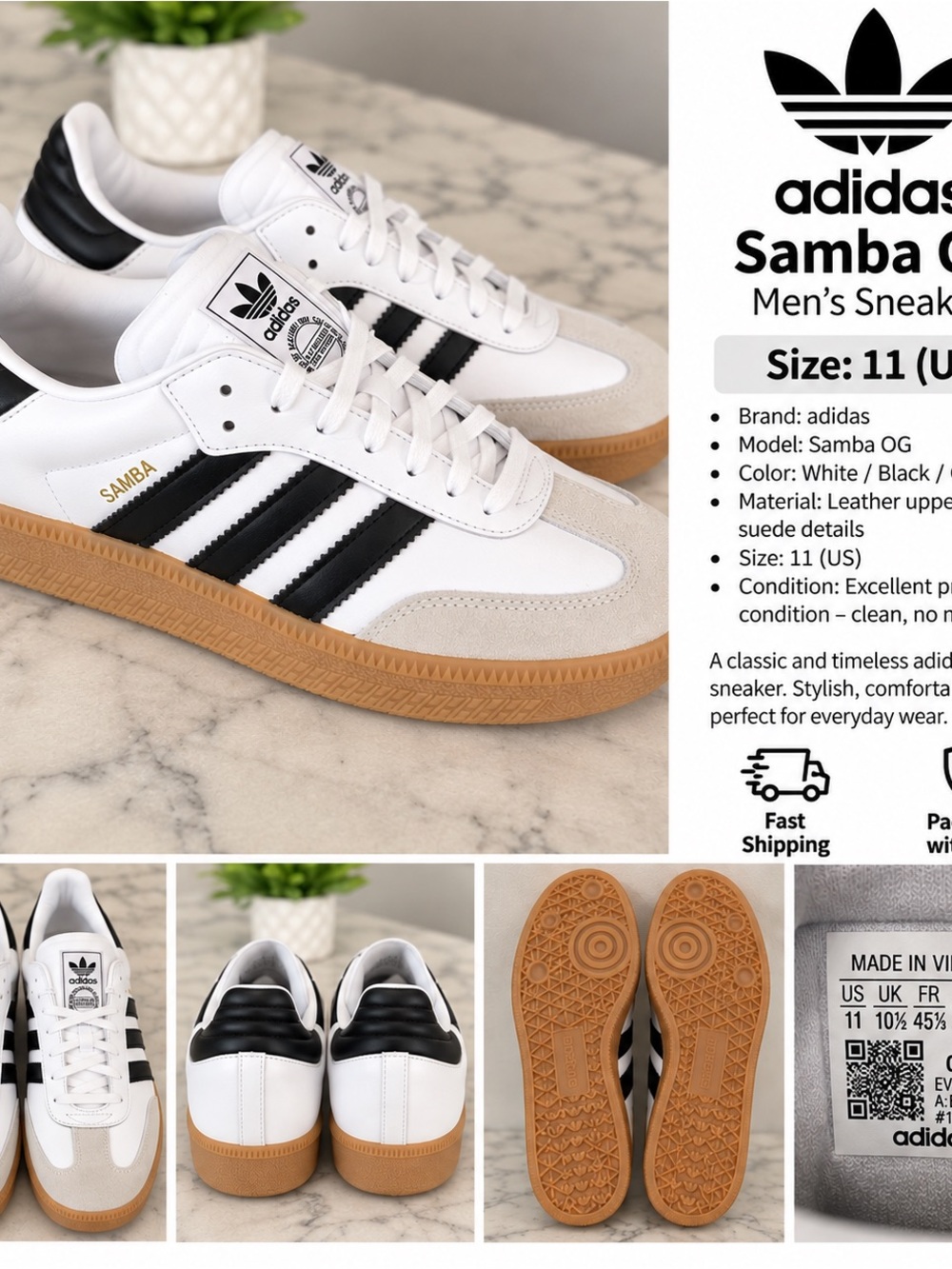 adidas Samba OG Men’s Sneakers — White, Black, Gum